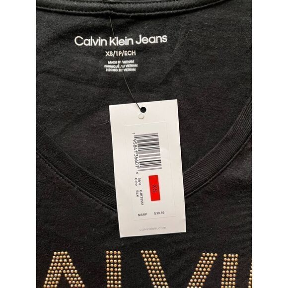 NWT Calvin Klein Jeans Black Embellished V-neck T-shirt - Picture 3 of 4